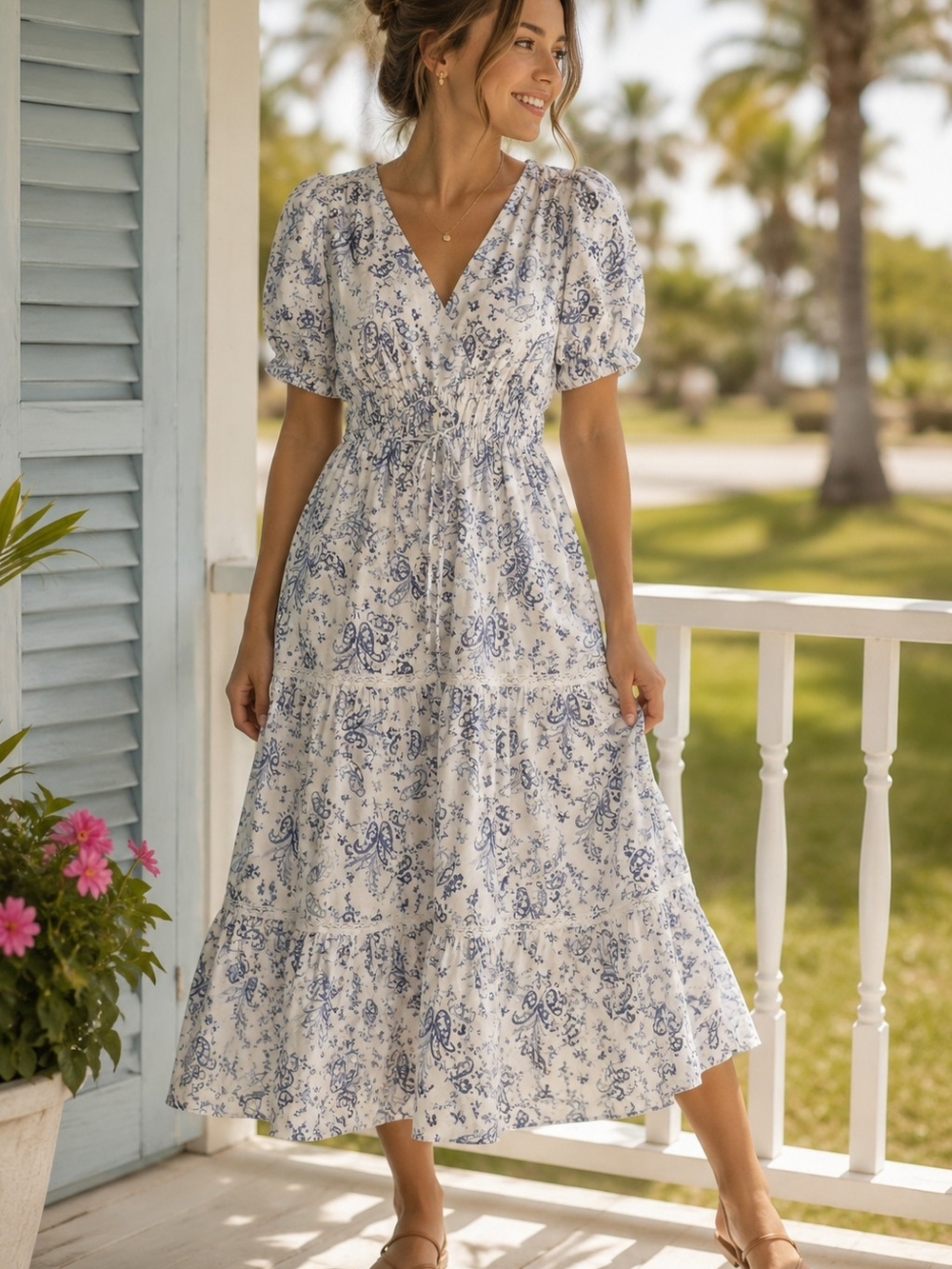 Lucky Brand White Maxi Dress with Blue Floral Print